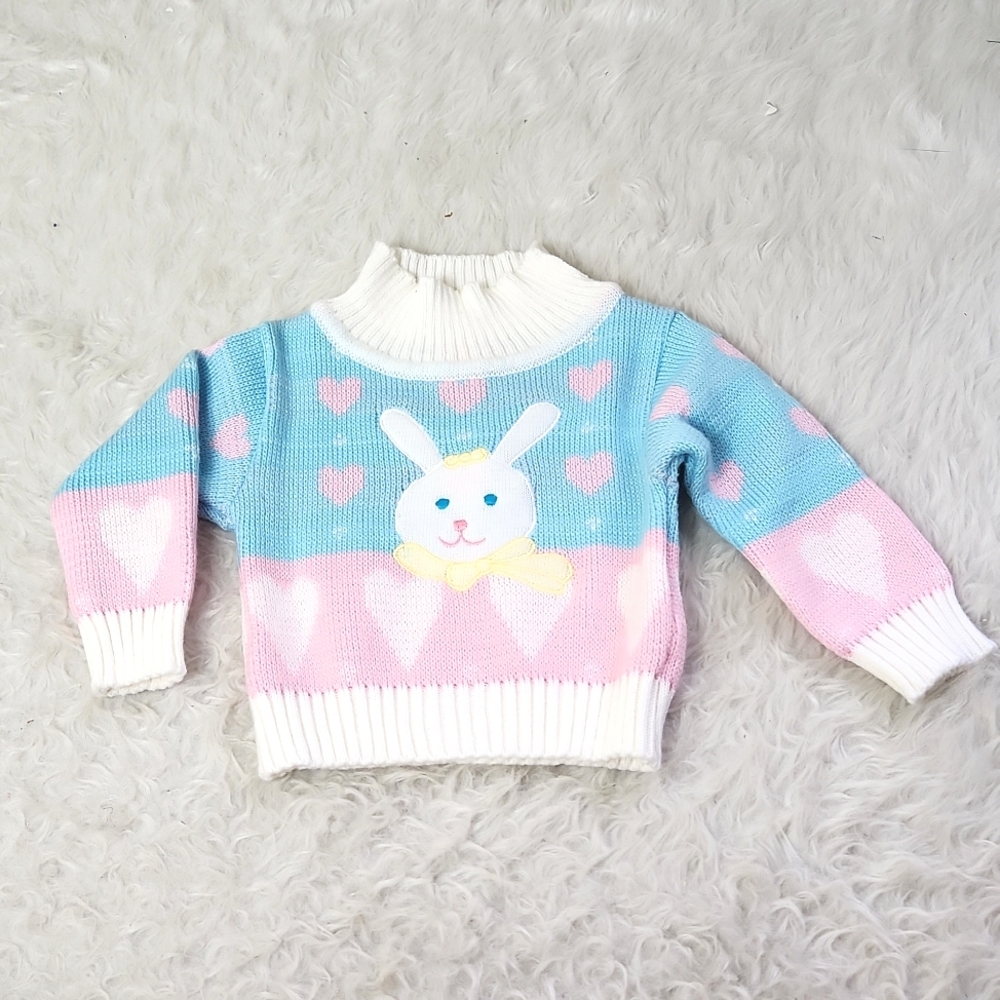 Vintage McKids bunny sweater faux turtleneck pastel pink blue 24mo 2T